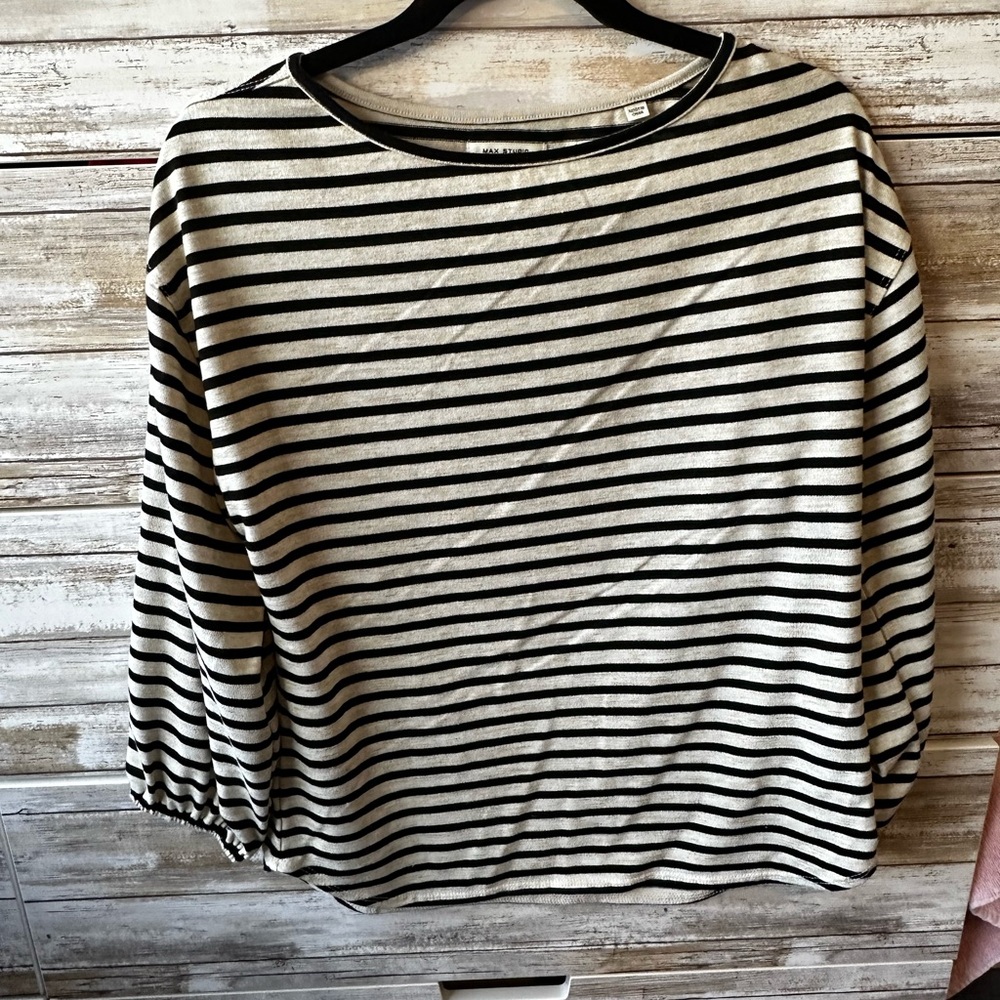 🖤 Max Studio London Women’s Medium Black Cream Striped 3/4 Sleeve Top